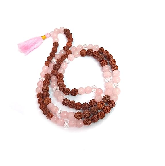 natural rose quartz crystal and rudraksha rudraksh mala