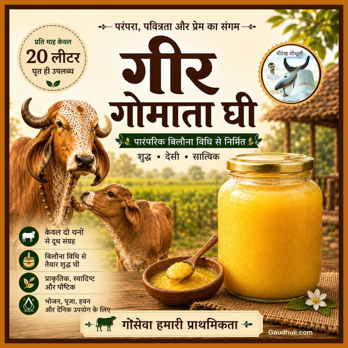 गीर गोमाता घी | पारंपरिक बिलोना विधि से निर्मित शुद्ध देसी घी | केवल दो थनों के दूध से तैयार | gir gomata ghee | traditional bilona method | pure desi cow ghee | made using milk from only two udders |