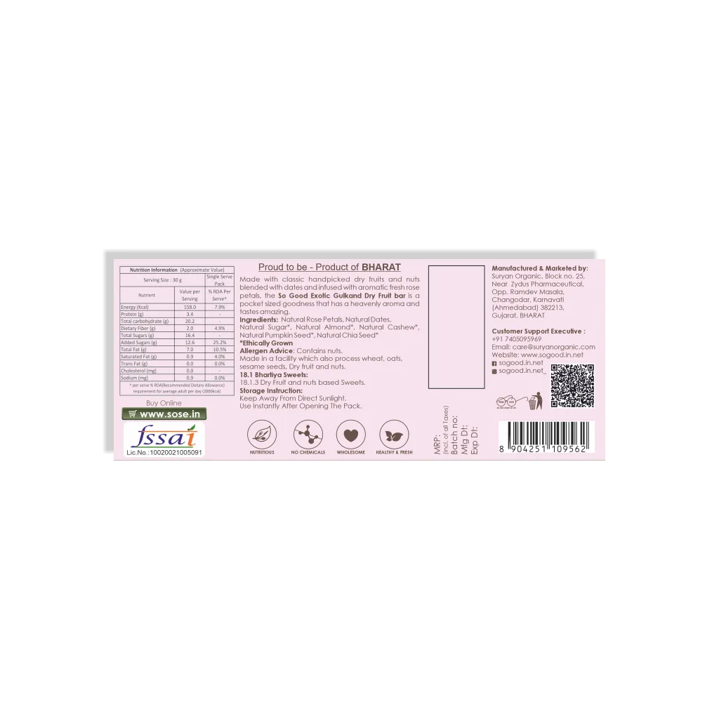 so good exotic gulkand dry fruit bar 30gm